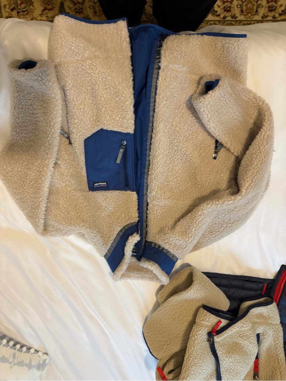 Patagonia Kids Cream Sherpa Fleece Jacket with Blue Trim Accents